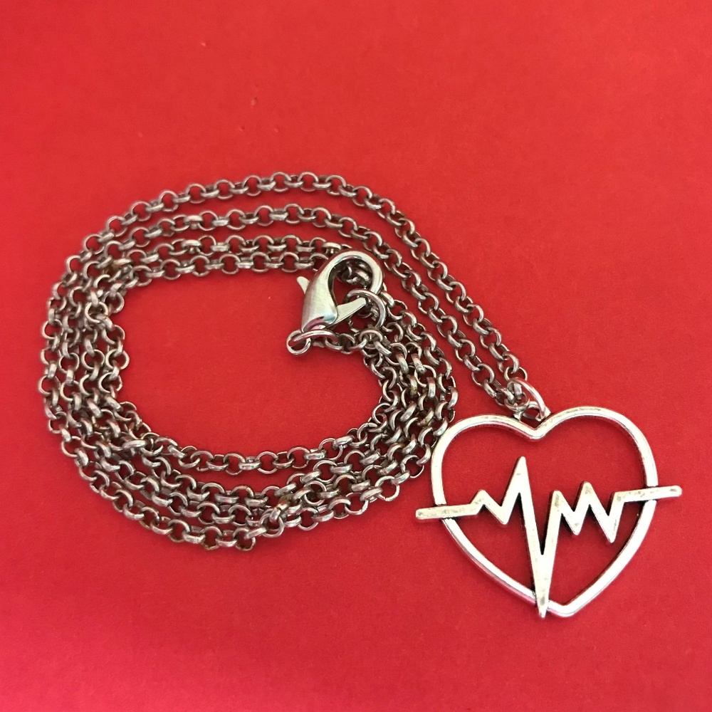 Heart EKG Silver Tone Pendant Necklace
